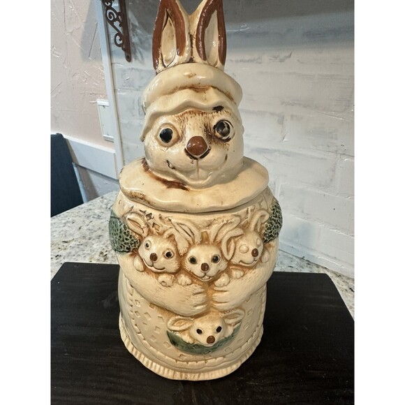 Vintage Rabbit Bunny & Baby Bunnies Cookie Jar Easter Spring Decor Kitchen MCM - Picture 2 of 11